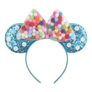 Disney Parks UP Blue Sequin Mickey Mouse Ears Headband with Colorful Pom-Pom Bow